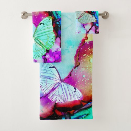 Butterfly Pastels Abstract Modern Neon Ink Bath Towel Set