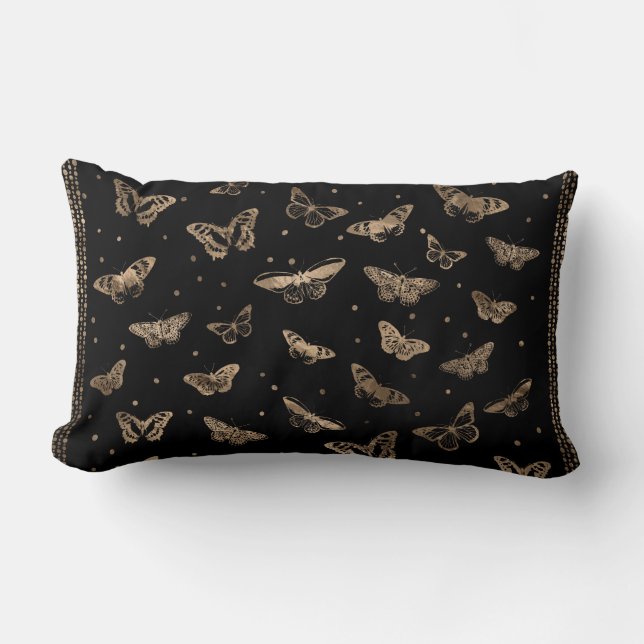 Butterfly pattern black and gold lumbar pillow (Front)