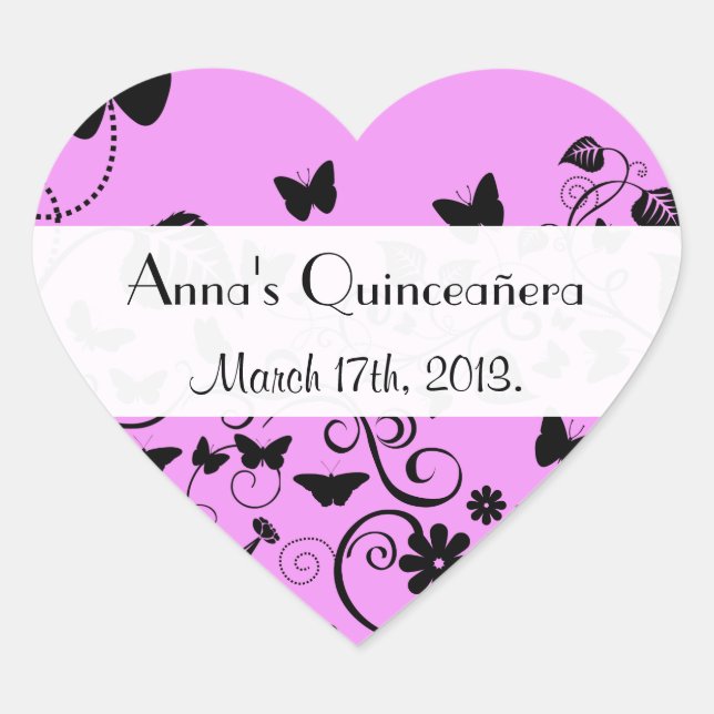 Butterfly Pattern, Black Butterflies, Quinceanera Heart Sticker (Front)