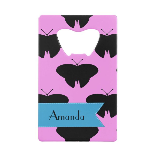 Butterfly Pattern, Black Butterflies, Your Name Credit Card Bottle Opener (Front)