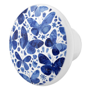 Butterfly Pattern Blue Watercolor Ceramic Knob