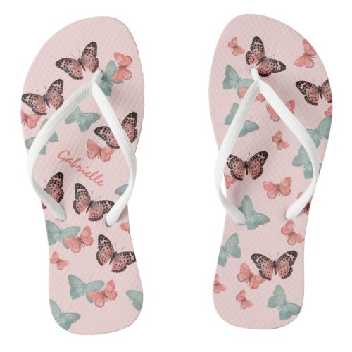 Butterfly Pattern Coral Pink  Teal _ Personalized Flip Flops