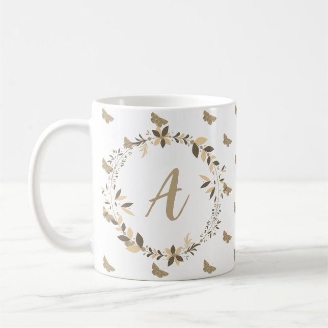 Butterfly Pattern Girly Cute Modern Monogram Coffee Mug (Left)