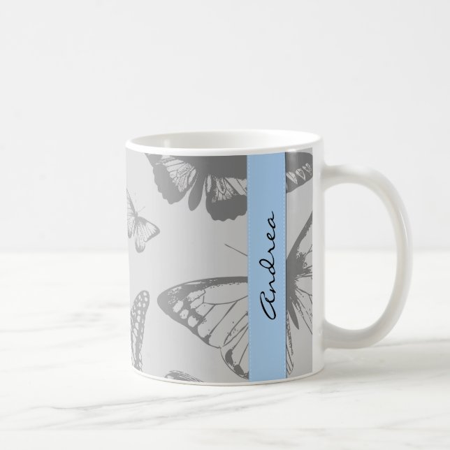 Butterfly Pattern, Gray Butterflies, Your Name Coffee Mug (Right)