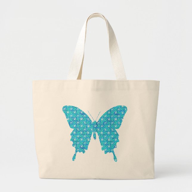 Butterfly, pattern in blue, turquoise, white large tote bag (Front)