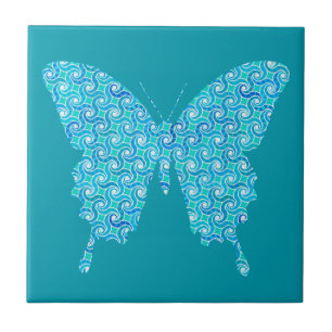 Butterfly, pattern in teal blue, turquoise, white ceramic tile