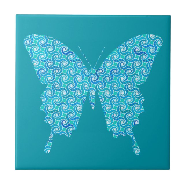 Butterfly, pattern in teal blue, turquoise, white ceramic tile (Front)