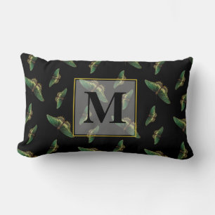 Butterfly Pattern Monogram Black and Green Lumbar Pillow