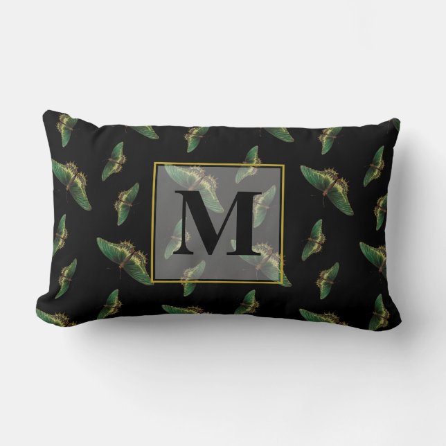 Butterfly Pattern Monogram Black and Green  Lumbar Pillow (Front)
