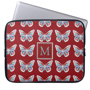 Butterfly Pattern on Burgundy Monogram Laptop Sleeve