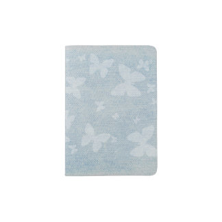Butterfly pattern on faded denim look passport holder