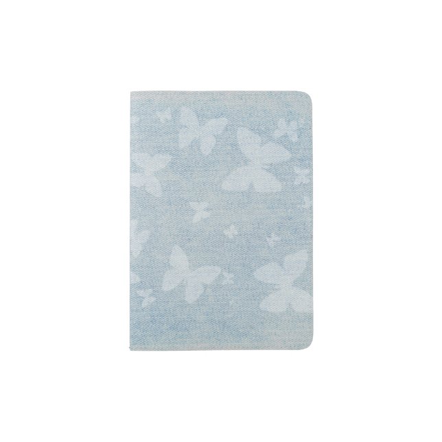 Butterfly pattern on faded denim look passport holder (Front)