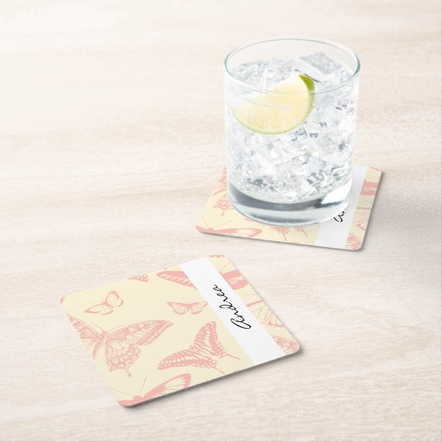 Butterfly Pattern, Pink Butterflies, Your Name Square Paper Coaster (Insitu)