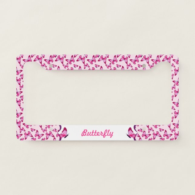Butterfly Pattern Pretty Pink Purple Personalized License Plate Frame (Front)