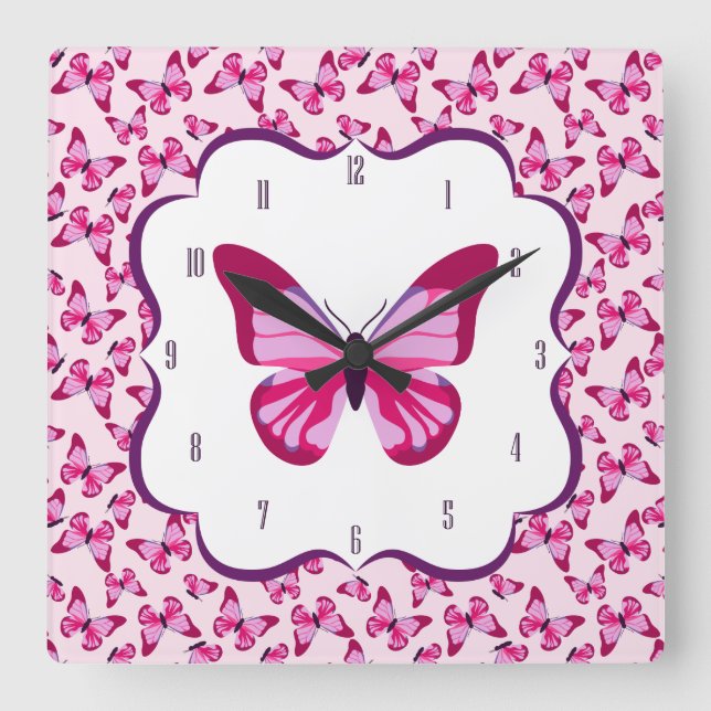 Butterfly Pattern Pretty Pink Purple Square Wall Clock (Front)