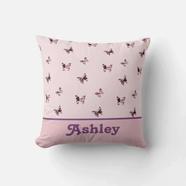 Butterfly Pattern Pretty Pink Satin Girl Nursery Throw Pillow (Front)