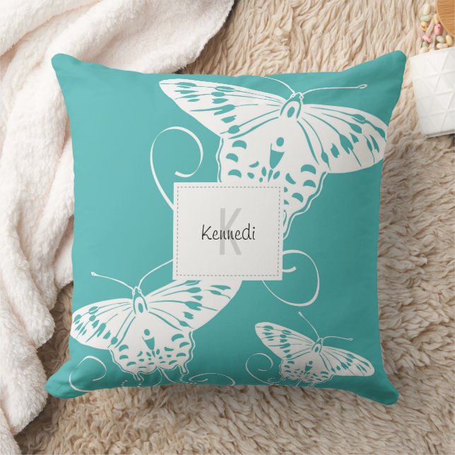 Butterfly Pattern Teal And White Throw Pillow (Blanket)