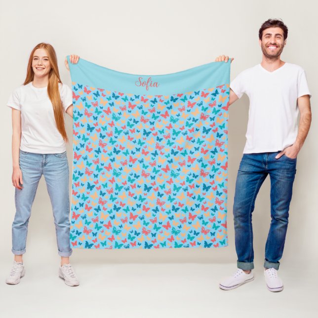 Butterfly pattern turquoise purple blue name fleece blanket (In Situ)