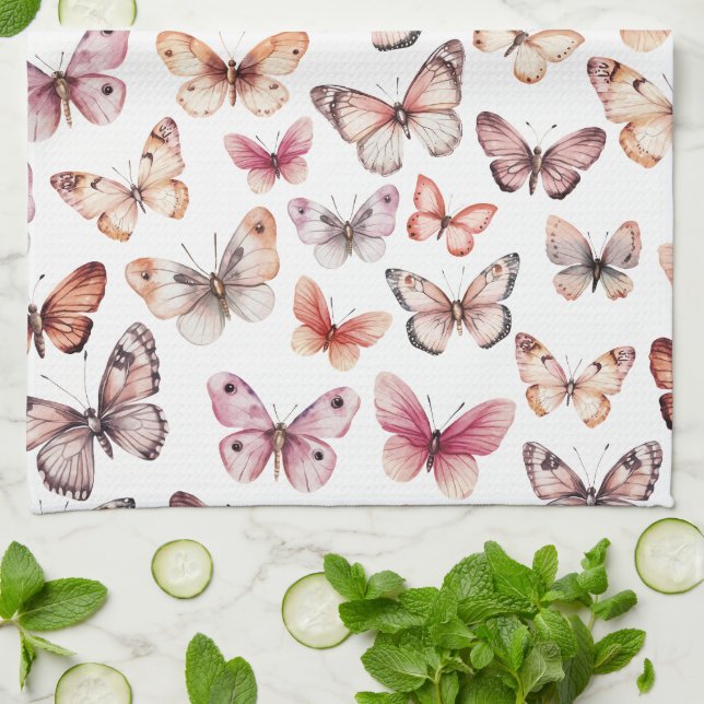 Butterfly Pattern Watercolor Elegant Pretty Gift Kitchen Towel (Folded)