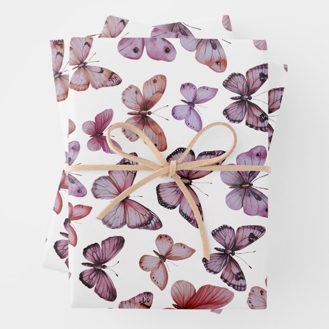 Butterfly Pattern Watercolor Elegant Pretty Gift Wrapping Paper Sheets (In situ)