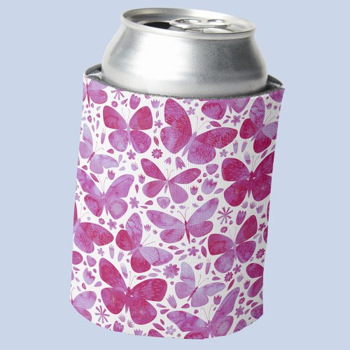 Butterfly Pattern Watercolor Magenta Hot Pink Can Cooler