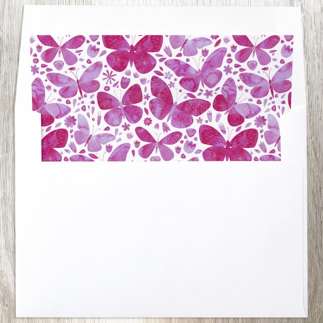 Butterfly Pattern Watercolor Pink Envelope Liner (Magenta pink watercoloir butterfly pattern envelope liner)