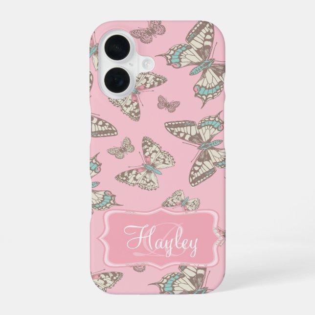 Butterfly patterned pink name  iphone case (Back)