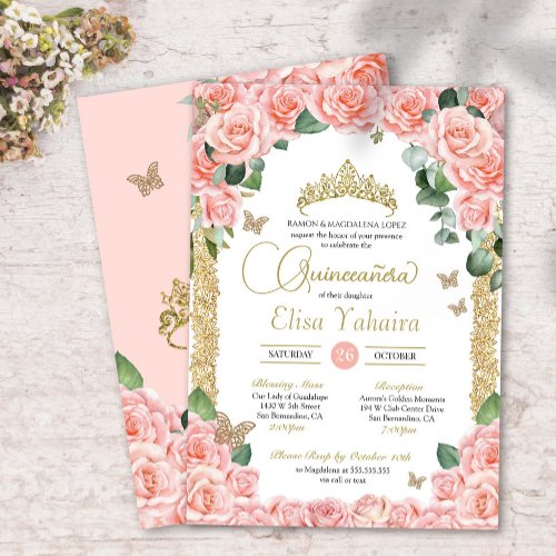 Butterfly Peach Floral Rose and Gold Quinceanera Invitation