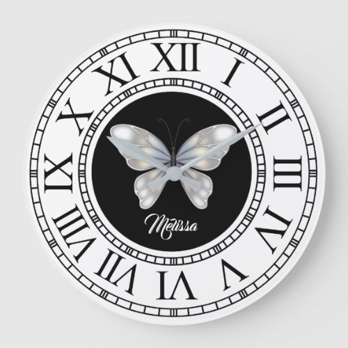 Butterfly pearl DIY name black silver wall Large Clock