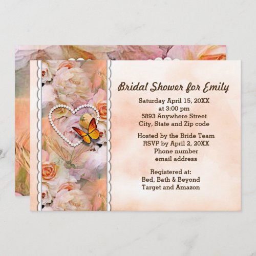 Butterfly Pearl Heart Floral Serene Bridal Shower Invitation