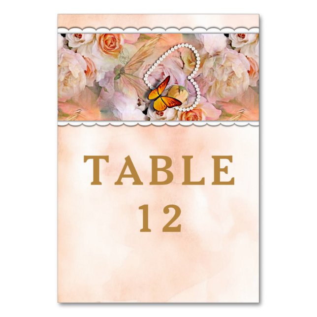 Butterfly Pearl Heart Floral Serenity Rose Wedding Table Number (Front)