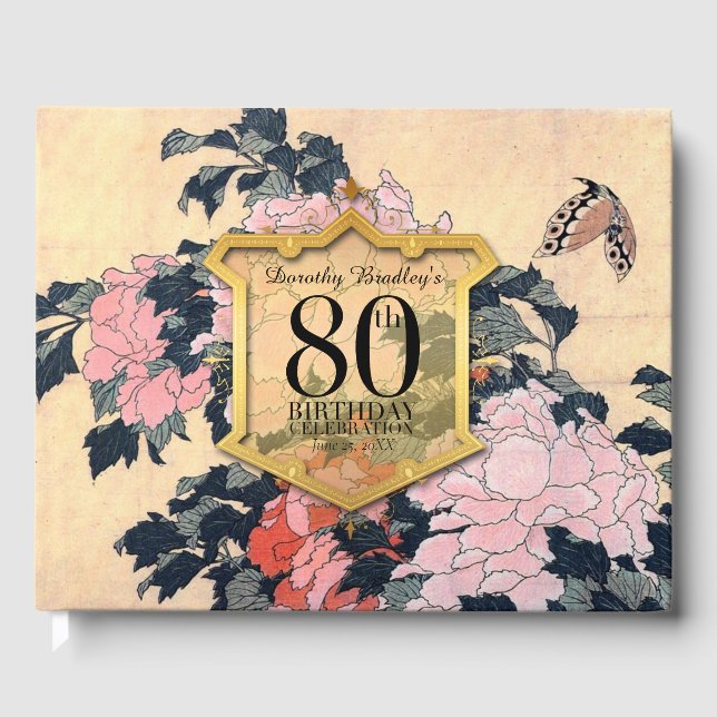 Butterfly Peonies 80th Birthday Celebration Guest  Book (Front)
