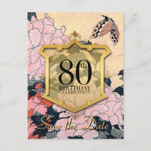 Butterfly Peonies Save the Date 80th Birthday Post Announcement Postcard