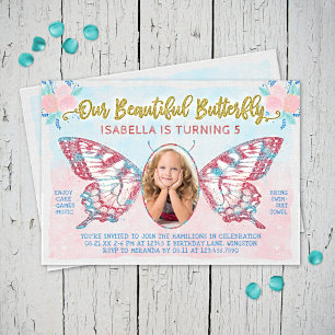 Butterfly Photo Girls Cute Kid Pink Birthday Party Invitation