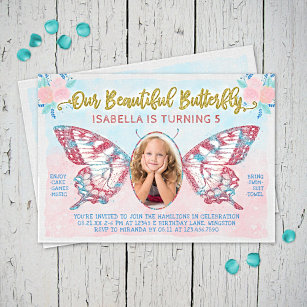 Butterfly Photo Girls Cute Kid Pink Birthday Party Invitation