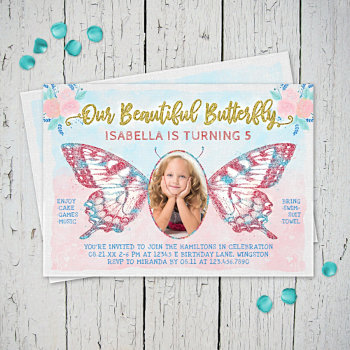 Butterfly Photo Girls Cute Kid Pink Birthday Party Invitation by FancyCelebration at Zazzle
