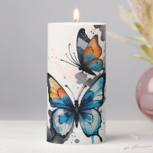 Butterfly Pillar Candle in Blue, Gray, Orange