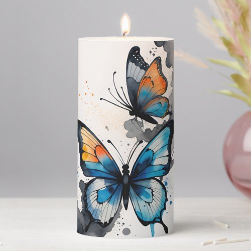 Butterfly Pillar Candle in Blue Gray Orange