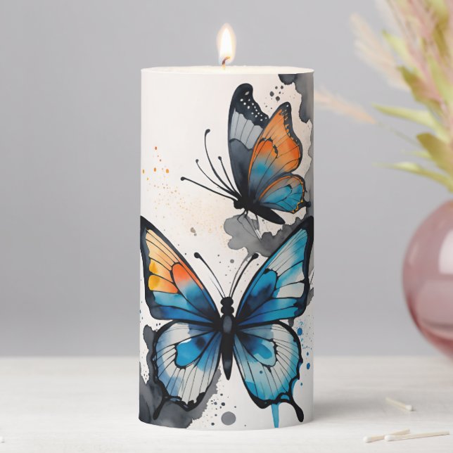 Butterfly Pillar Candle in Blue, Gray, Orange (In Situ)