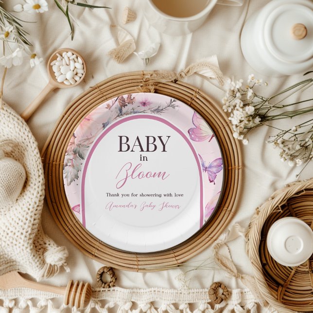 Butterfly Pink Baby in Bloom Girl Baby Shower Paper Plates (Creator Uploaded)