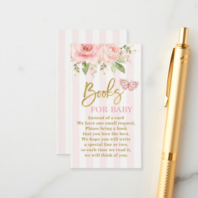 Butterfly pink baby shower girl bring a book enclosure card (Front/Back In Situ)