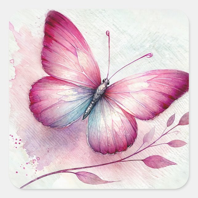 Butterfly Pink Botanical Watercolor Square Sticker (Front)