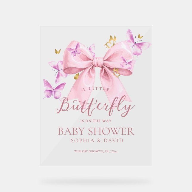 Butterfly Pink Bow Baby Shower Welcome Sign (Front)