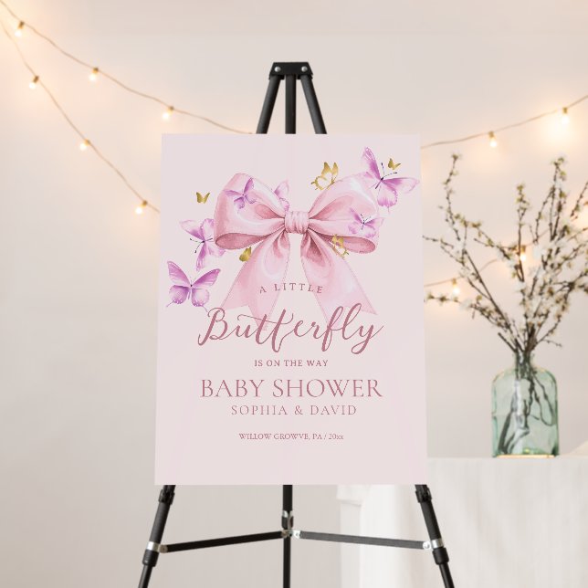 Butterfly Pink Bow Baby Shower Welcome Sign (In Situ (Stand))
