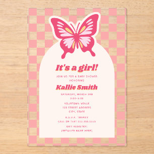 Butterfly Pink Checkerboard Girl Baby Shower Acrylic Invitations