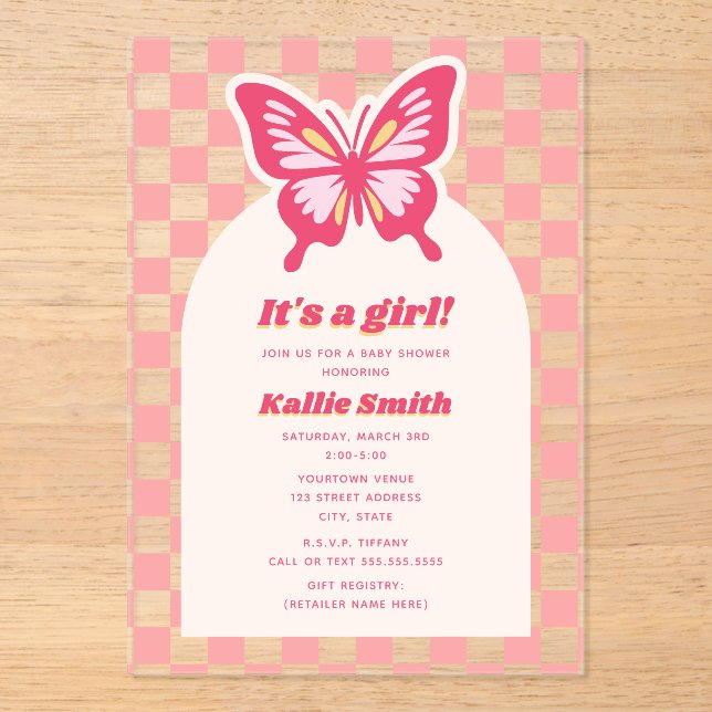 Butterfly Pink Checkerboard Girl Baby Shower Acrylic Invitations (Front)