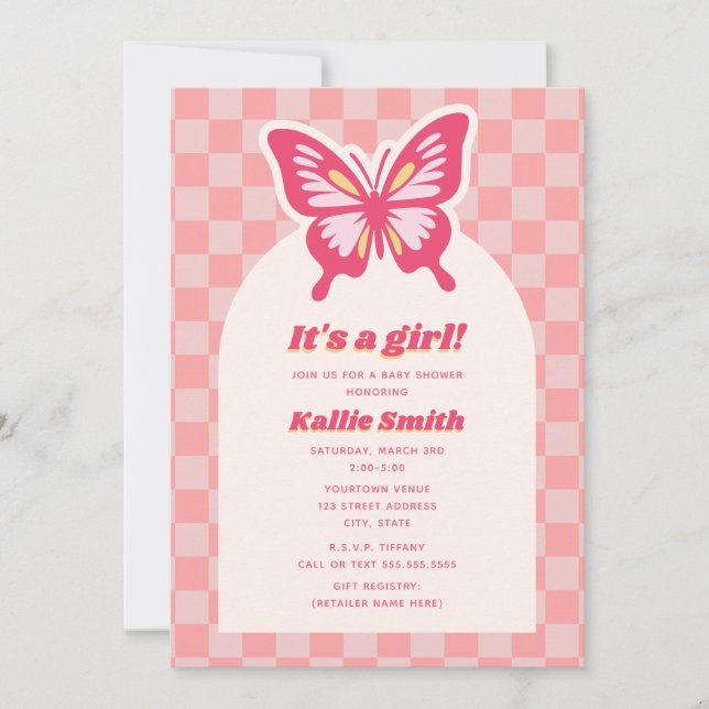 Butterfly Pink Checkerboard Girl Baby Shower Invitation (Front)