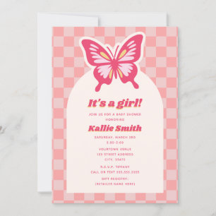 Butterfly Pink Checkerboard Girl Baby Shower Invitation