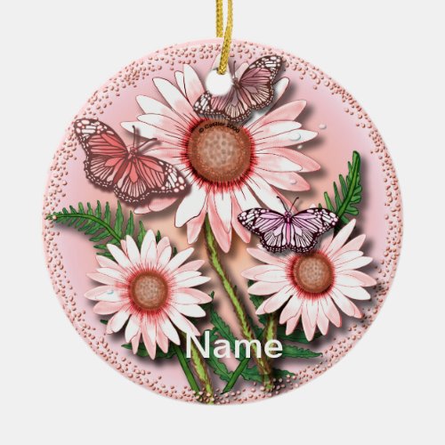 Butterfly Pink Daisies custom name Ceramic Ornament