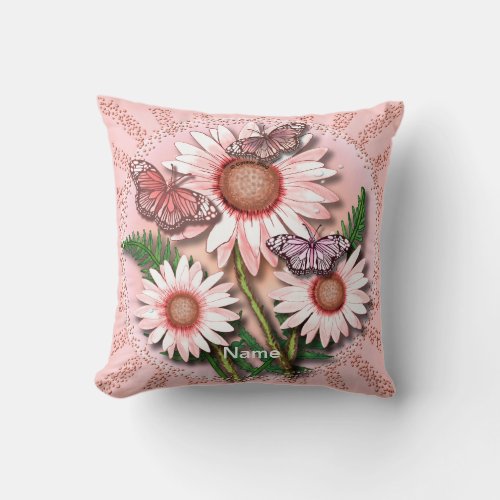 Butterfly Pink Daisies custom name Throw Pillow